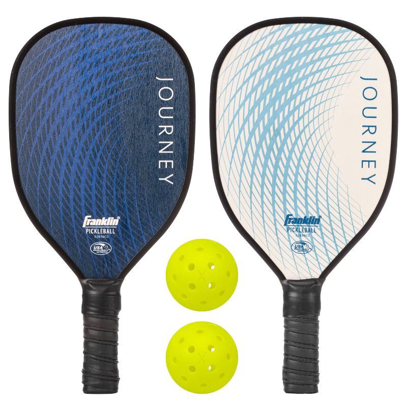 slide 1 of 7, Franklin Sports 2 Player Wood Journey Pickleball Paddle and Ball Set in Mesh Bag - White/Navy: Medium Flex, Traditional Shape, 1 ct