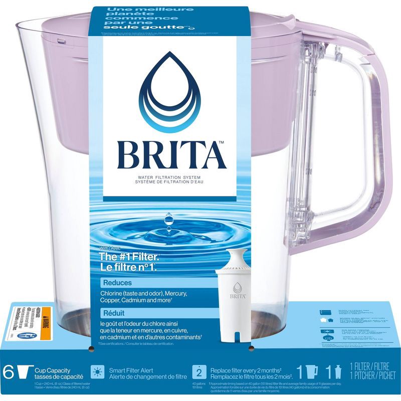 slide 2 of 13, Brita 6-Cup Denali Water Pitcher Dispenser Lilac: Filters Mercury & Chlorine, Hand Wash, 3-Year Warranty, 1 ct