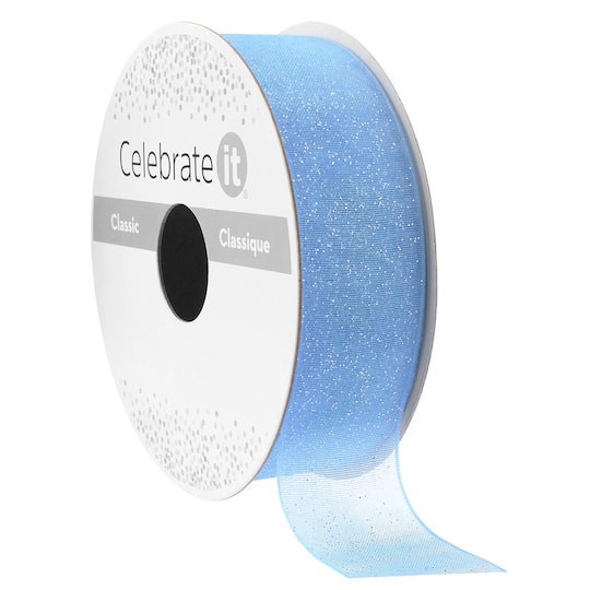 slide 1 of 2, 7/8" X 5yd. Blue Sheer Glitter Ribbon By Celebrate It Classic, 7/8 in x 5 yd