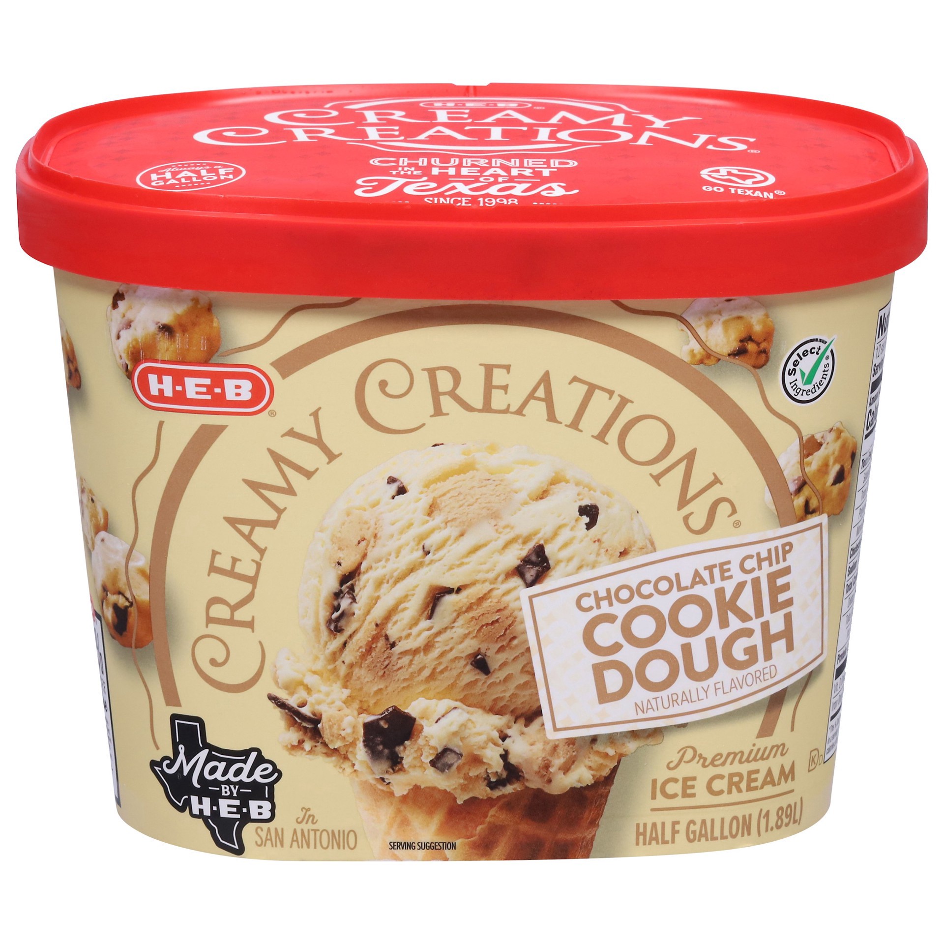 slide 1 of 1, H-E-B Creamy Creations Chocolate Chip Cookie Dough Ice Cream, 64 fl oz