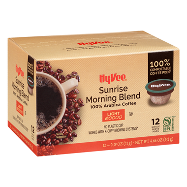 slide 1 of 1, Hy-Vee Sunrise Morning Blend, 100% Arabica Coffee, Light, Single Serve Pods - 4.66 oz, 4.66 oz