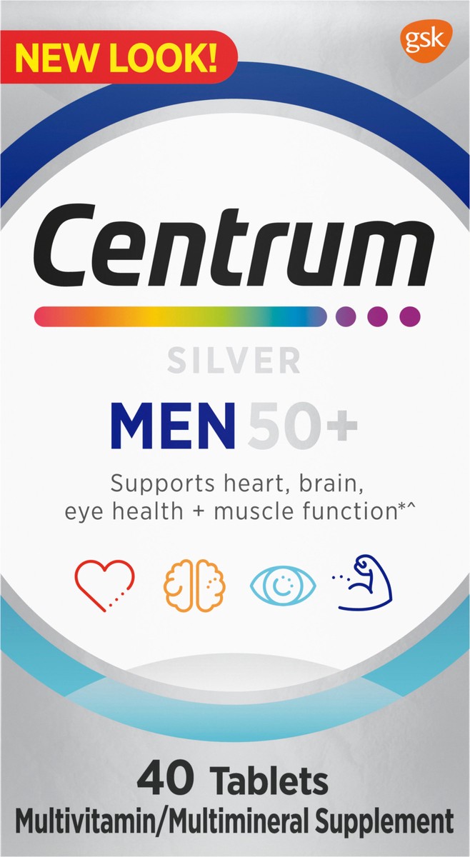 slide 5 of 9, Centrum Silver Multivitamin for Men 50 Plus, Multivitamin/Multimineral Supplement with Vitamin D3, B Vitamins and Zinc, Gluten Free, Non-GMO Ingredients - 40 Count, 40 ct