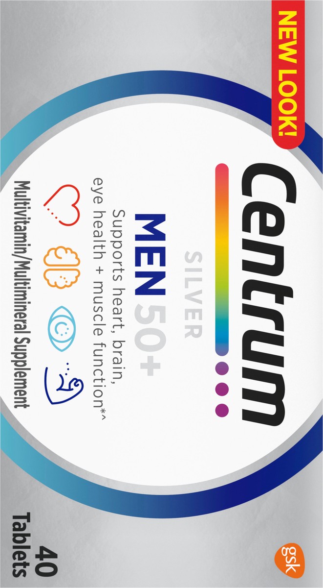 slide 9 of 9, Centrum Silver Multivitamin for Men 50 Plus, Multivitamin/Multimineral Supplement with Vitamin D3, B Vitamins and Zinc, Gluten Free, Non-GMO Ingredients - 40 Count, 40 ct
