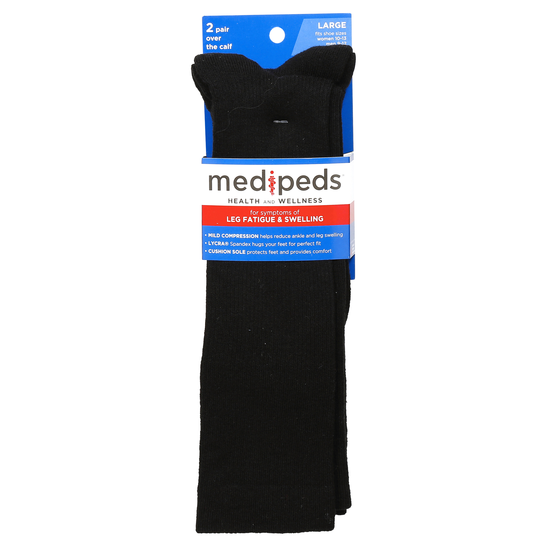 slide 1 of 2, Medipeds Unisex Over The Calf Compression Socks, Large Size for Womens 10-13 and Mens 9-12, Black, 2 ct; LG