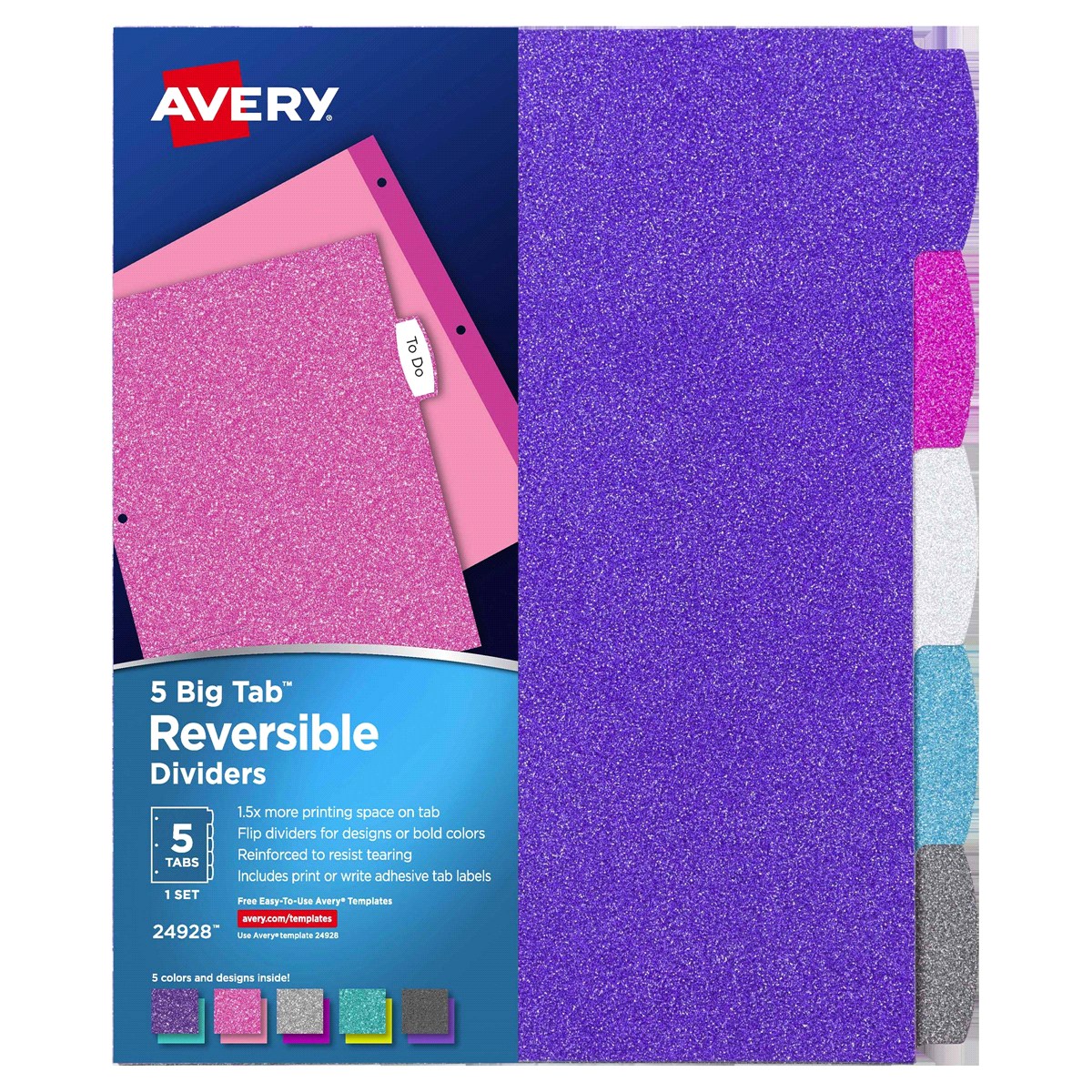 slide 1 of 1, Avery Big Tab Reversible Fashion Dividers, Assorted Glitter Colors, 5 ct