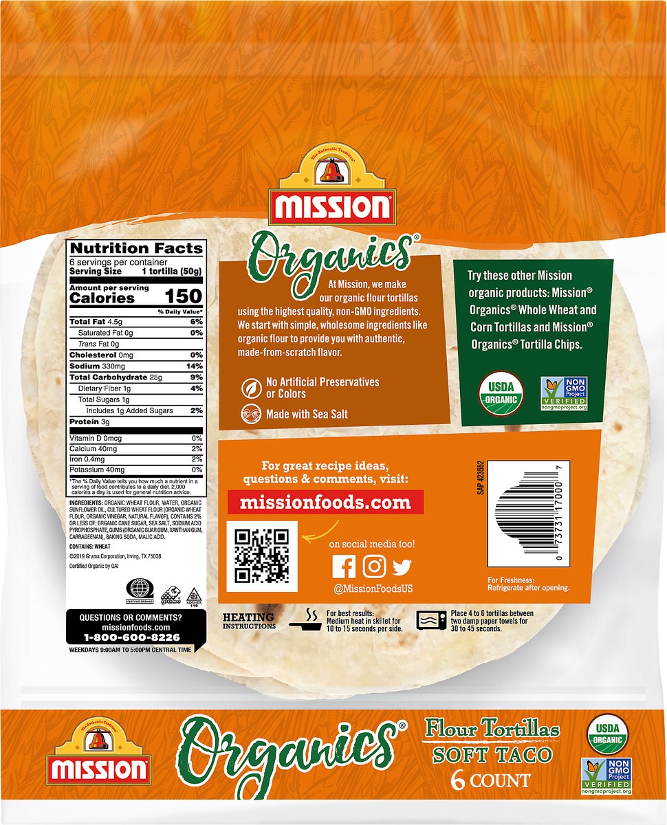 slide 2 of 3, Mission Organics Soft Taco Flour Tortillas 6.0 ea, 6 ct; 10.5 oz