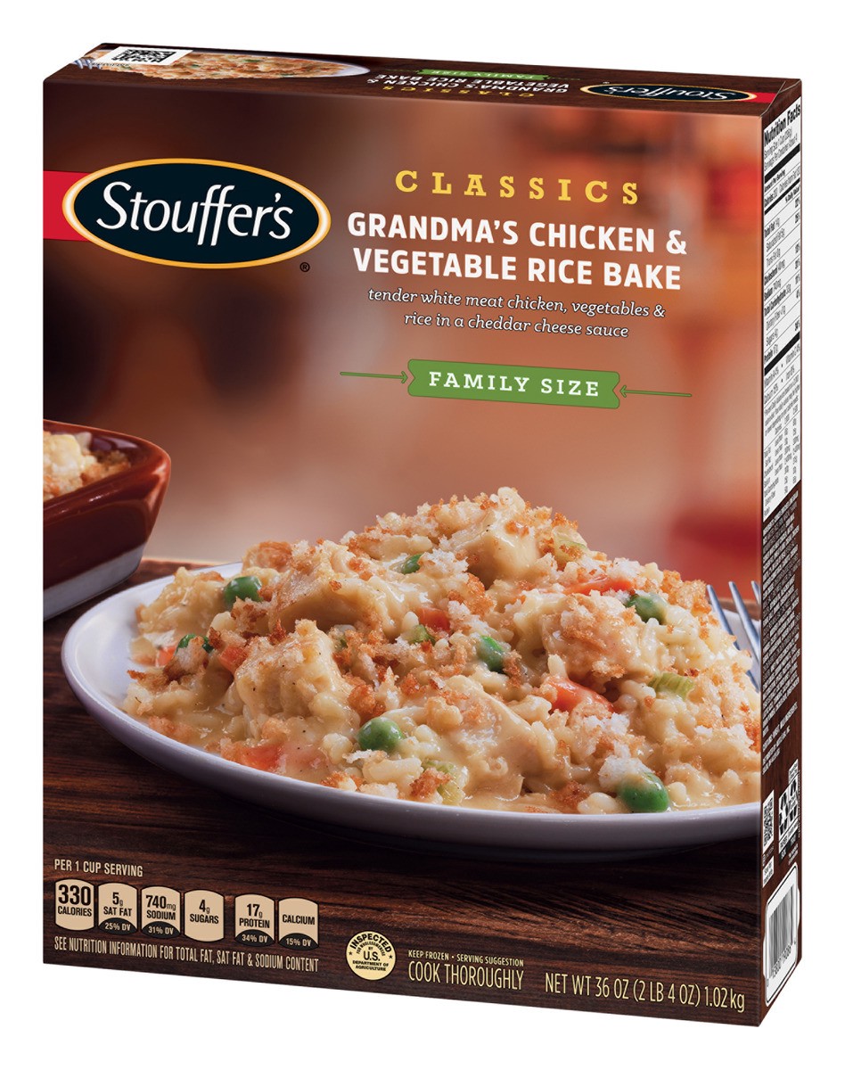 slide 3 of 9, Stouffer's Family Size Grandma's Chicken & Vegetable Rice Bake Frozen Meal, 36 oz
