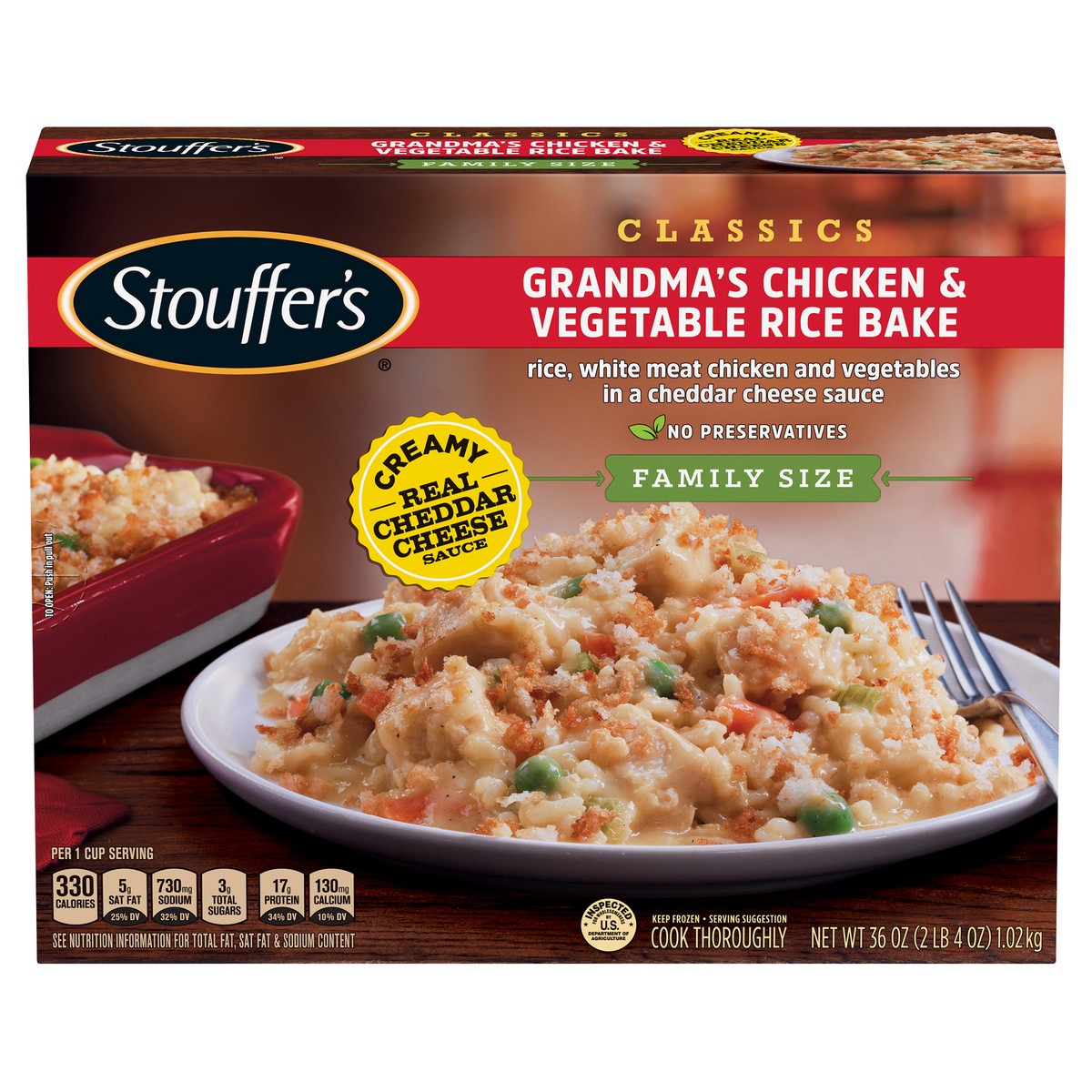 slide 1 of 9, Stouffer's Family Size Grandma's Chicken & Vegetable Rice Bake Frozen Meal, 36 oz