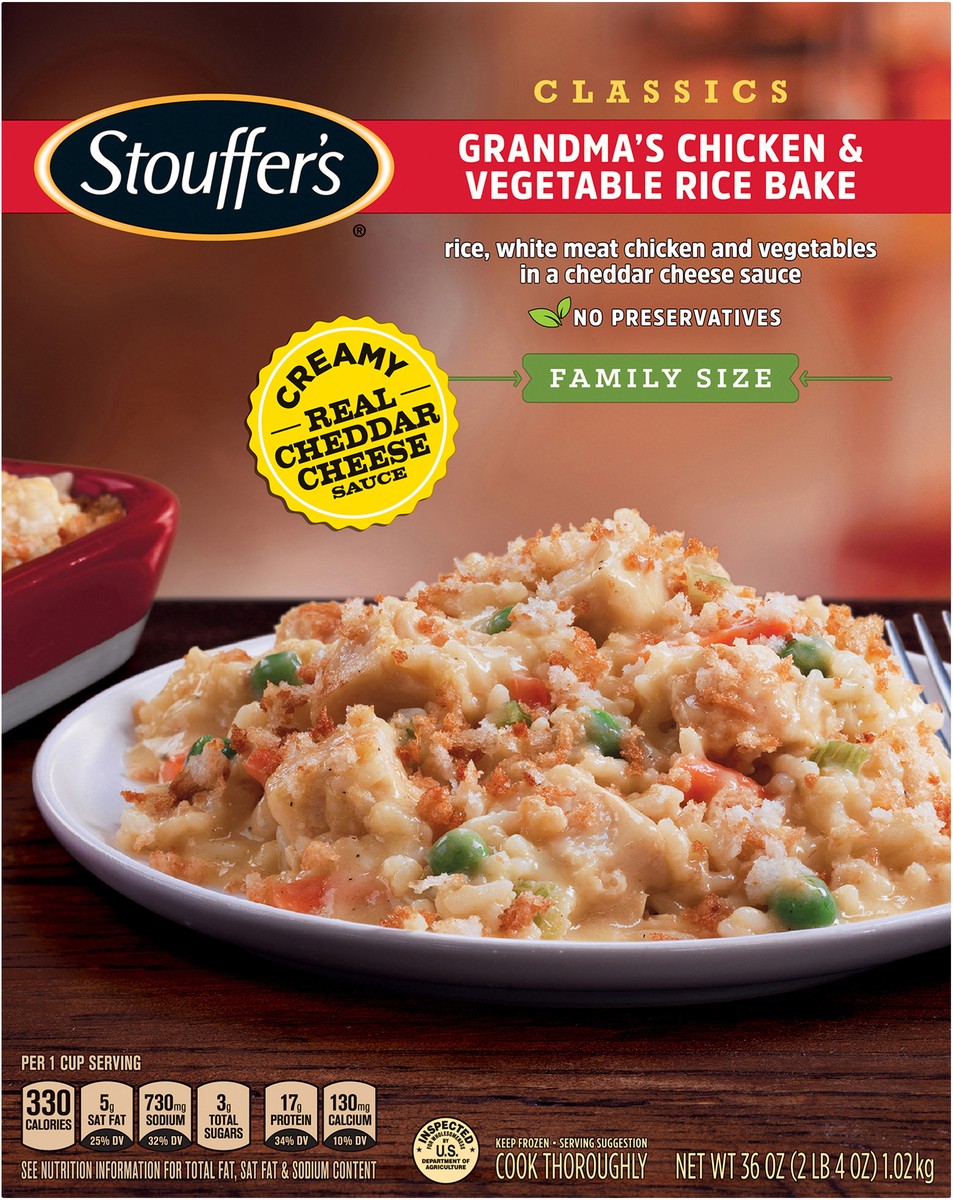 slide 5 of 9, Stouffer's Family Size Grandma's Chicken & Vegetable Rice Bake Frozen Meal, 36 oz