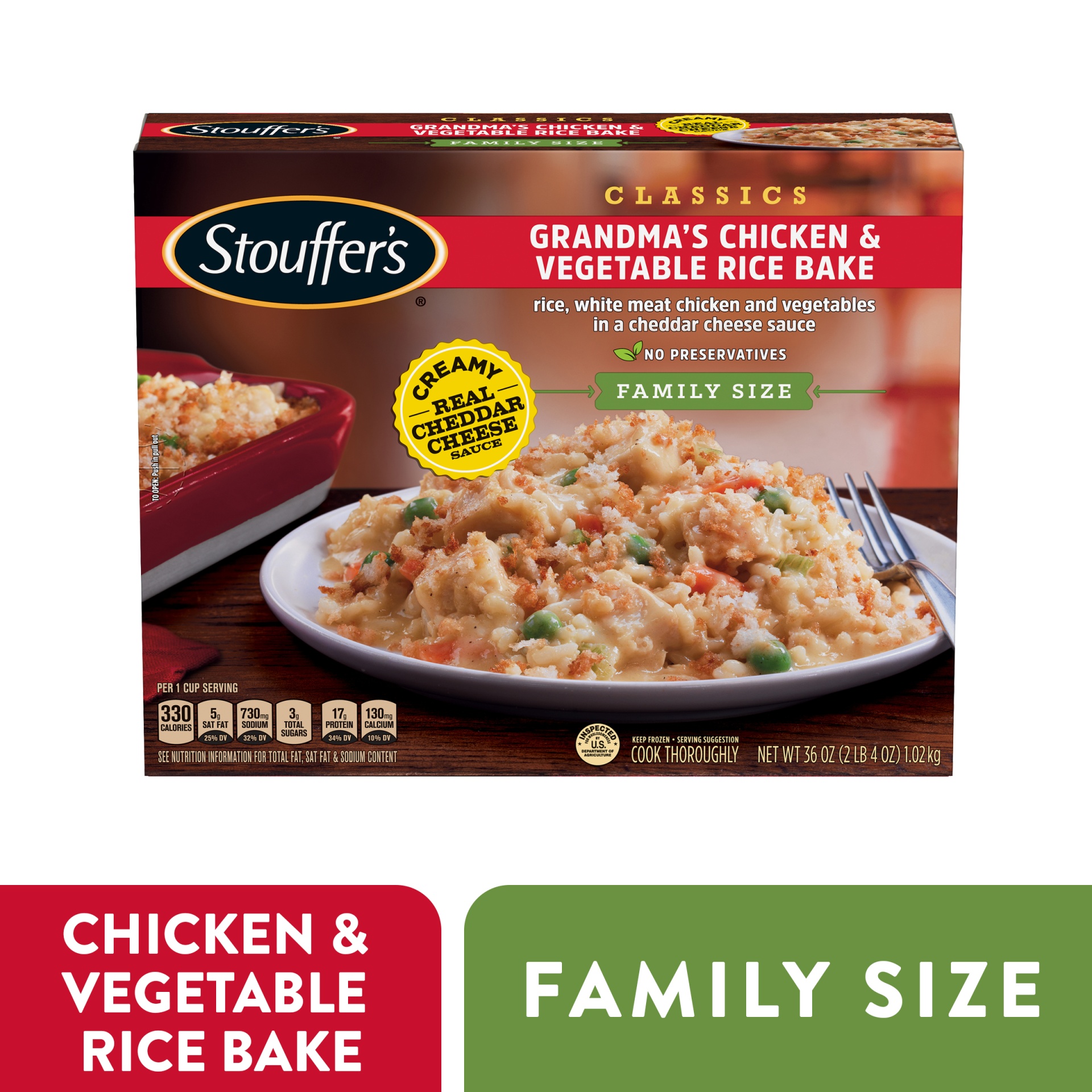 slide 1 of 6, Stouffer's Family Size Grandma's Chicken & Vegetable Rice Bake Frozen Meal, 36 oz