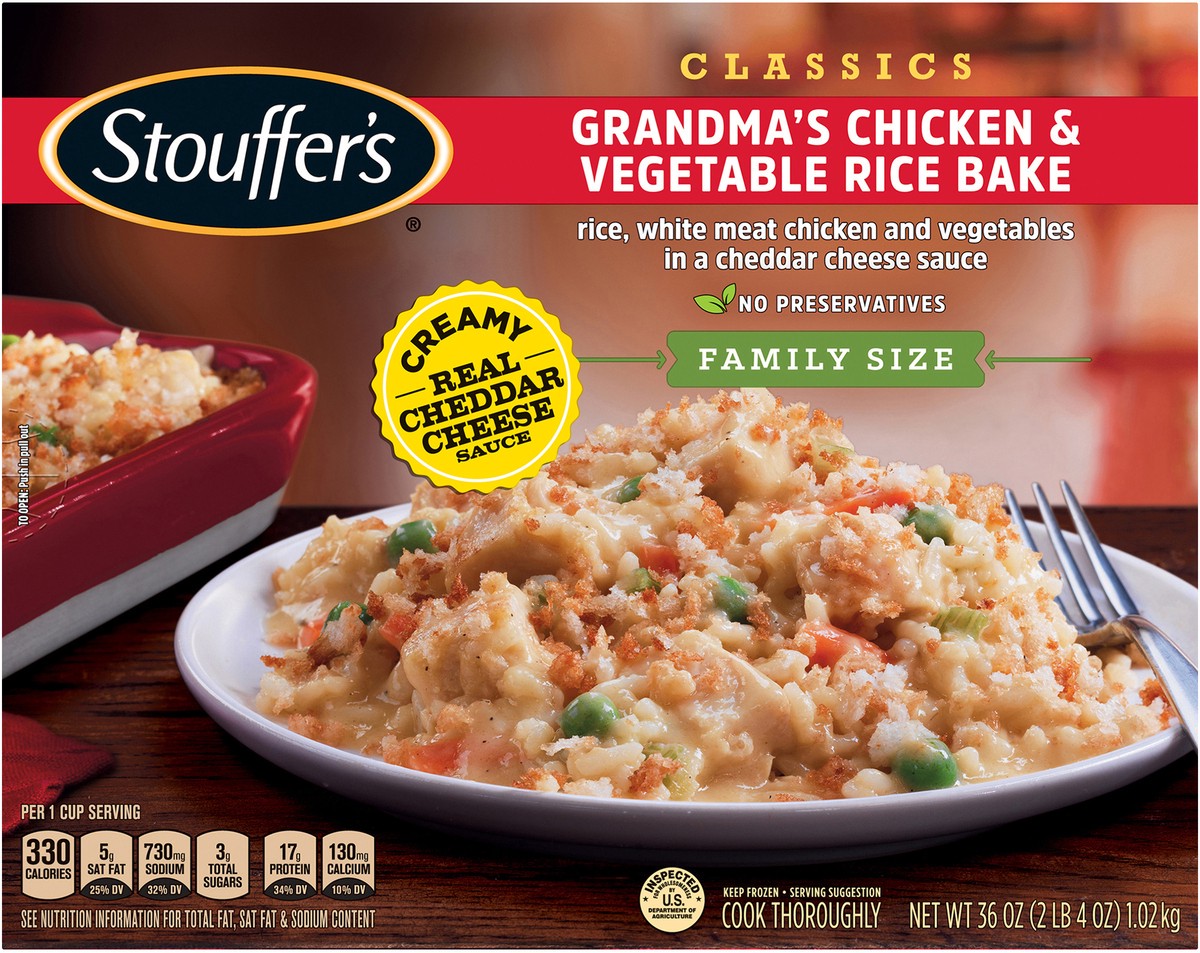 slide 6 of 9, Stouffer's Family Size Grandma's Chicken & Vegetable Rice Bake Frozen Meal, 36 oz