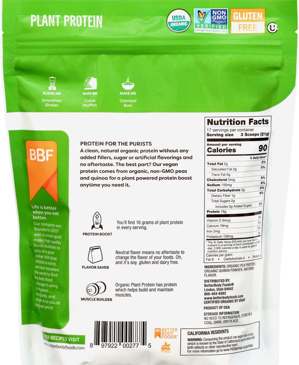 slide 6 of 13, BetterBody Foods Organic Plant Protein 12.7 oz, 12.7 oz