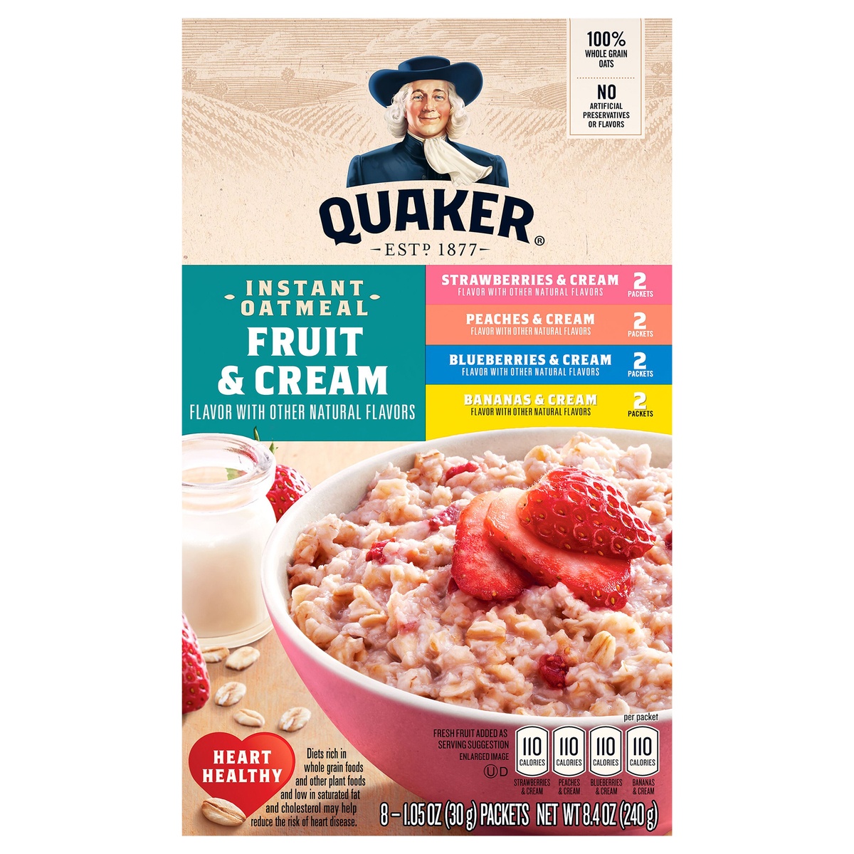 slide 1 of 6, Quaker Instant Oatmeal Fruit & Cream Variety Pack 1.05 Oz 8 Count, 8 ct