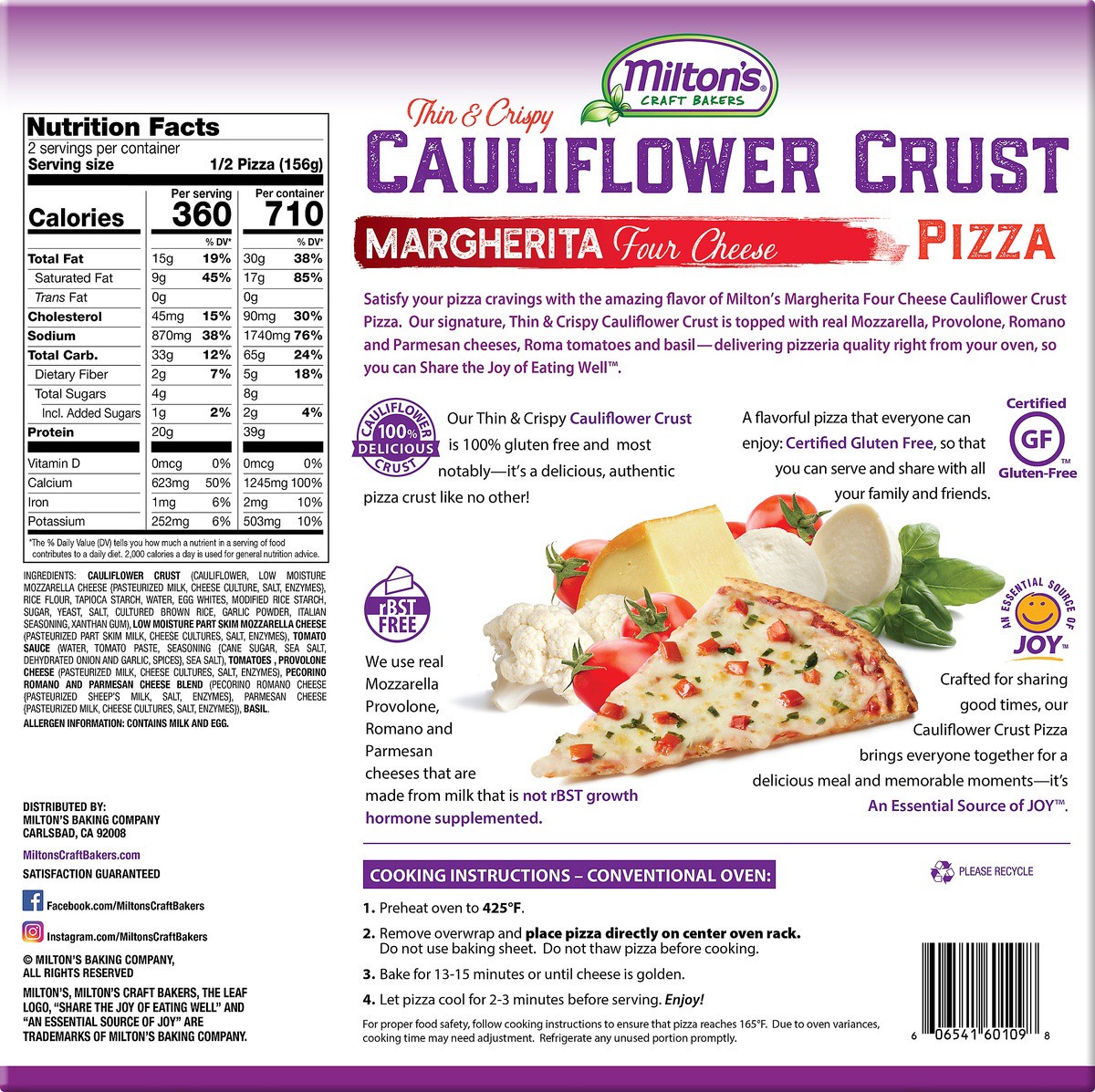 slide 3 of 7, Milton's Craft Backers Thin & Crispy Margerita Four Cheese Cauliflower Crust Pizza, 11 oz