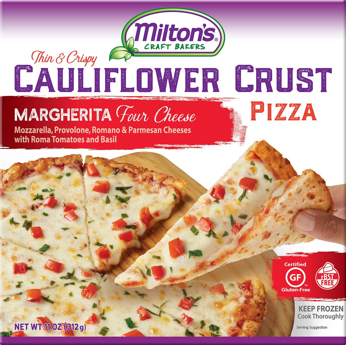 slide 7 of 7, Milton's Craft Backers Thin & Crispy Margerita Four Cheese Cauliflower Crust Pizza, 11 oz