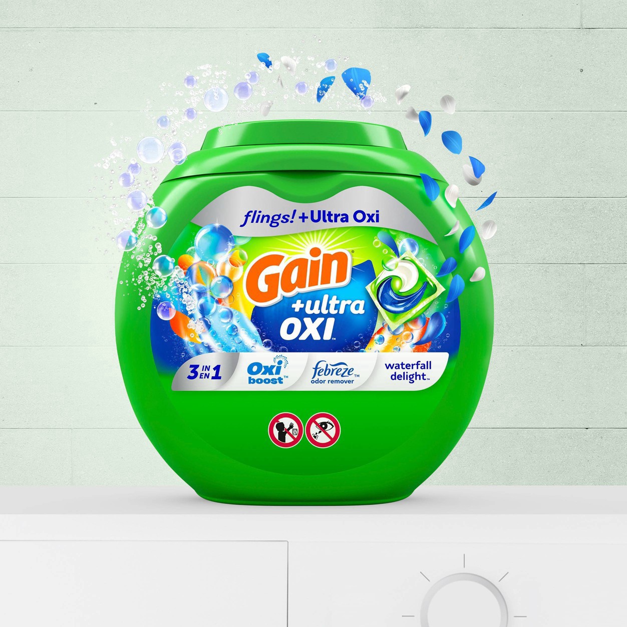 slide 13 of 19, Gain flings Ultra Oxi Laundry Detergent Pacs, 76 Count, Waterfall Delight Scent, 3-in-1, HE Compatible, 76 ct