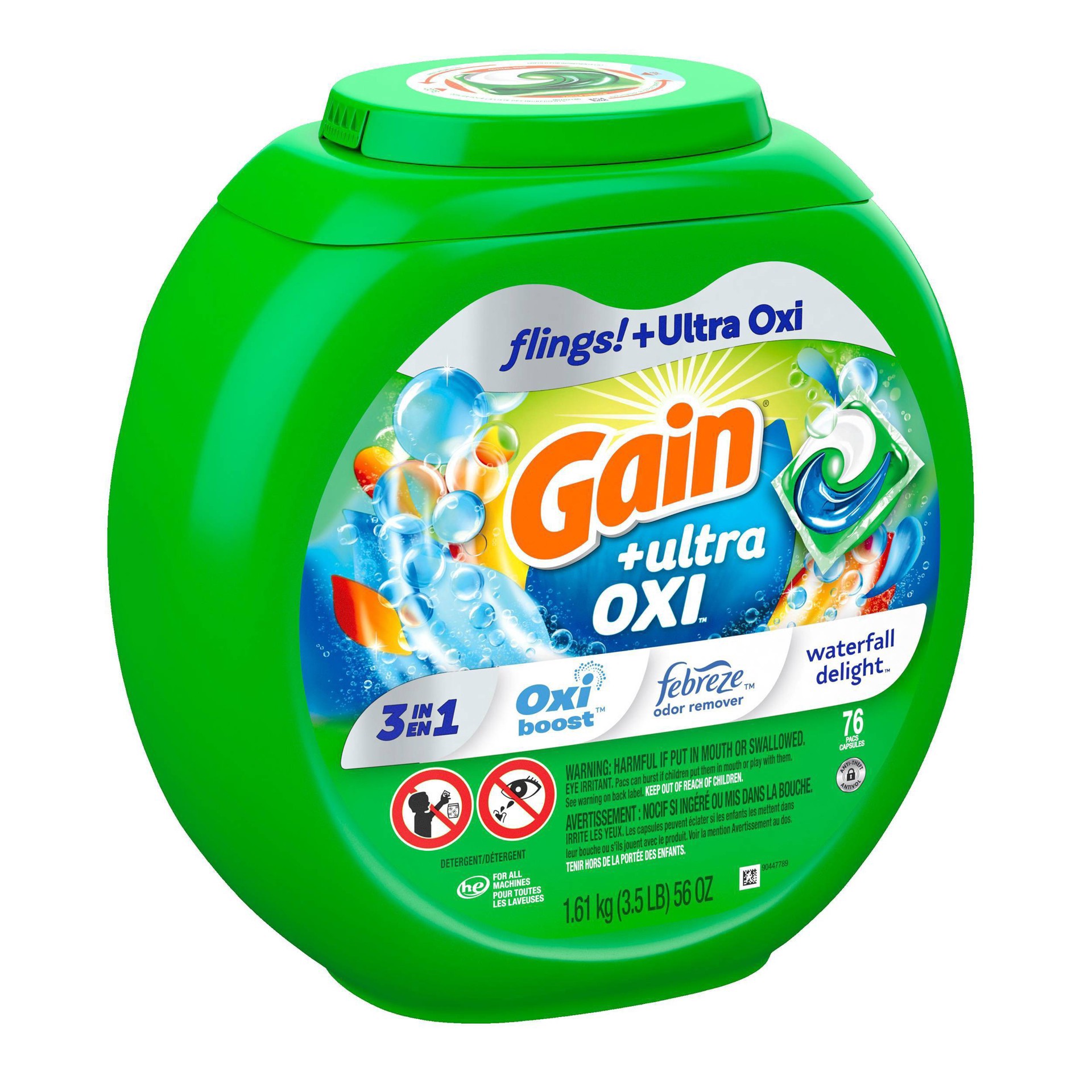 slide 5 of 19, Gain flings Ultra Oxi Laundry Detergent Pacs, 76 Count, Waterfall Delight Scent, 3-in-1, HE Compatible, 76 ct