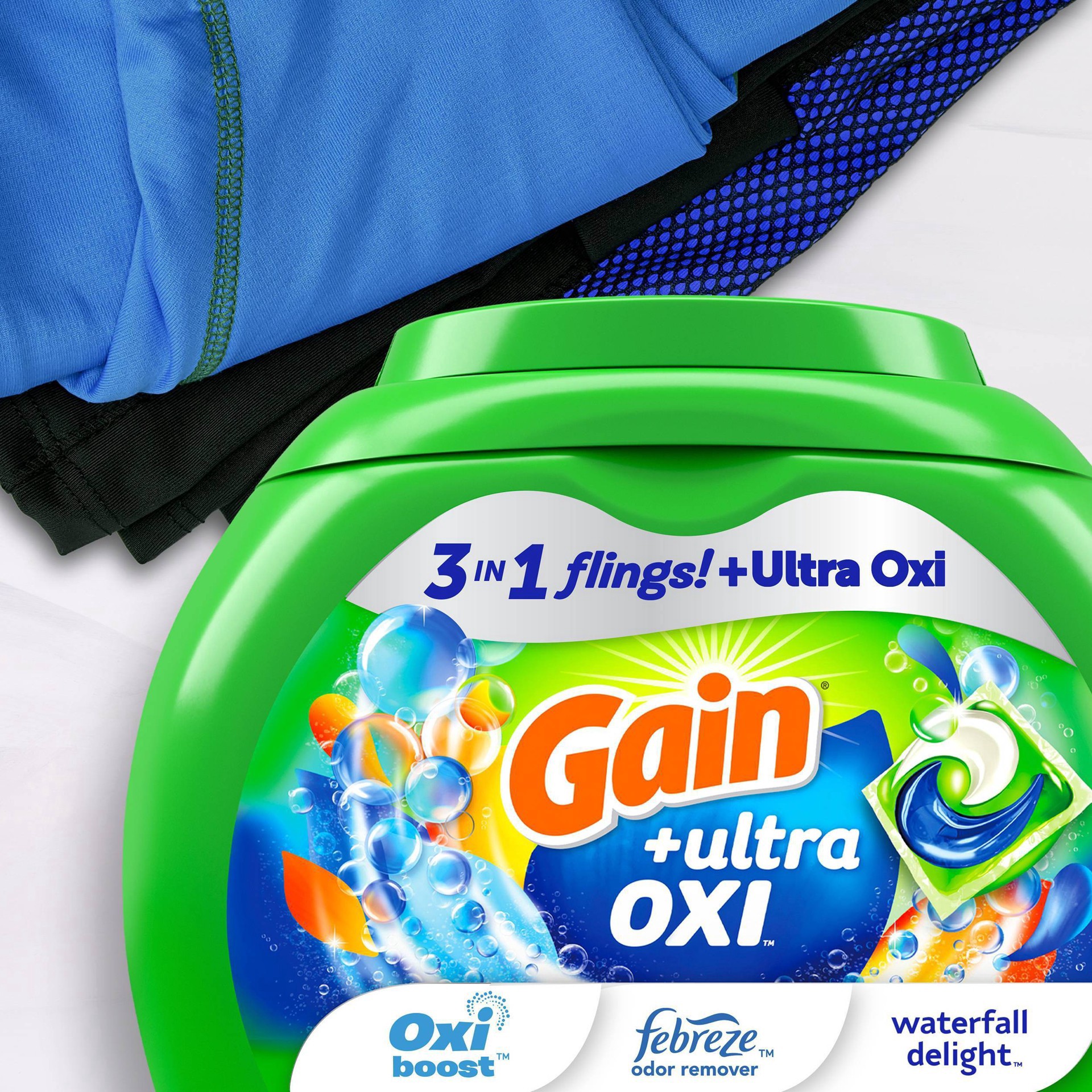 slide 3 of 19, Gain flings Ultra Oxi Laundry Detergent Pacs, 76 Count, Waterfall Delight Scent, 3-in-1, HE Compatible, 76 ct