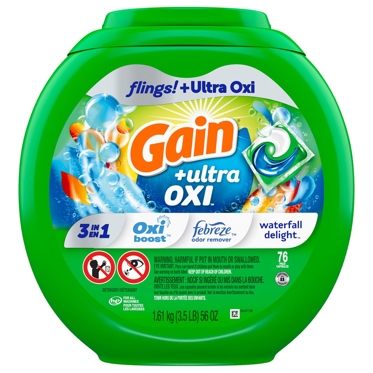slide 1 of 19, Gain flings Ultra Oxi Laundry Detergent Pacs, 76 Count, Waterfall Delight Scent, 3-in-1, HE Compatible, 76 ct