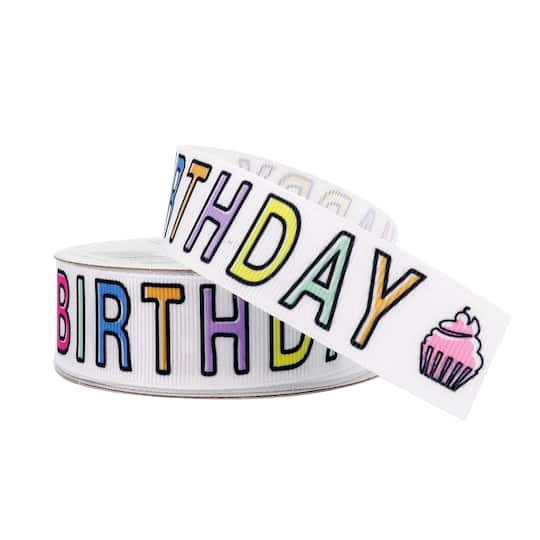 slide 1 of 4, 7/8" X 5yd. Grosgrain Happy Birthday Ribbon By Celebrate It, 7/8 in x 5 yd