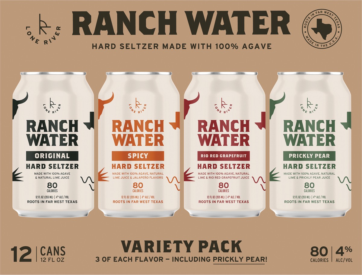 slide 1 of 1, Lone River Ranch Water Hard Seltzer Variety Pack, 12 fl oz, 12 Pack Cans, 4% ABV, 12 ct; 12 oz