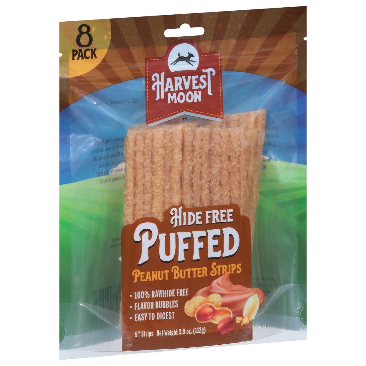 slide 3 of 15, Harvest Moon Puffed Hide Free Peanut Butter Strips 8 Pack 8 ea, 8 ct