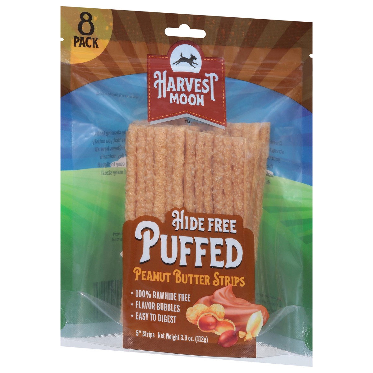 slide 10 of 15, Harvest Moon Puffed Hide Free Peanut Butter Strips 8 Pack 8 ea, 8 ct