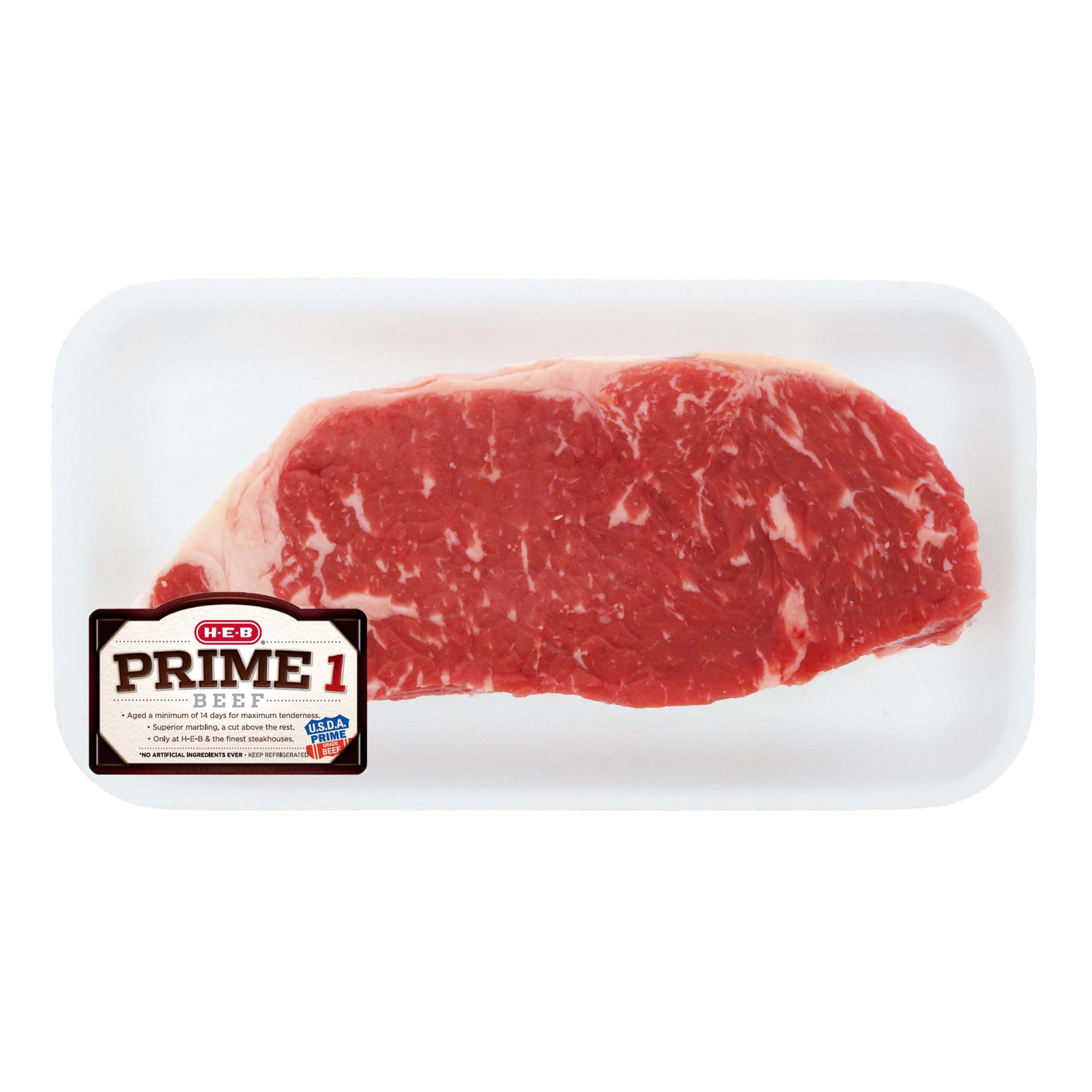 slide 1 of 1, H-E-B Prime 1 Beef Boneless New York Strip Steak, Thick Cut, per lb