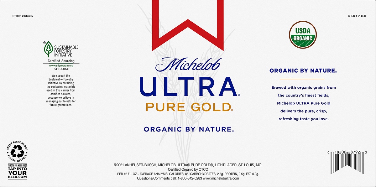 slide 7 of 10, Michelob Ultra Pure Gold Organic Light Lager, 12 oz