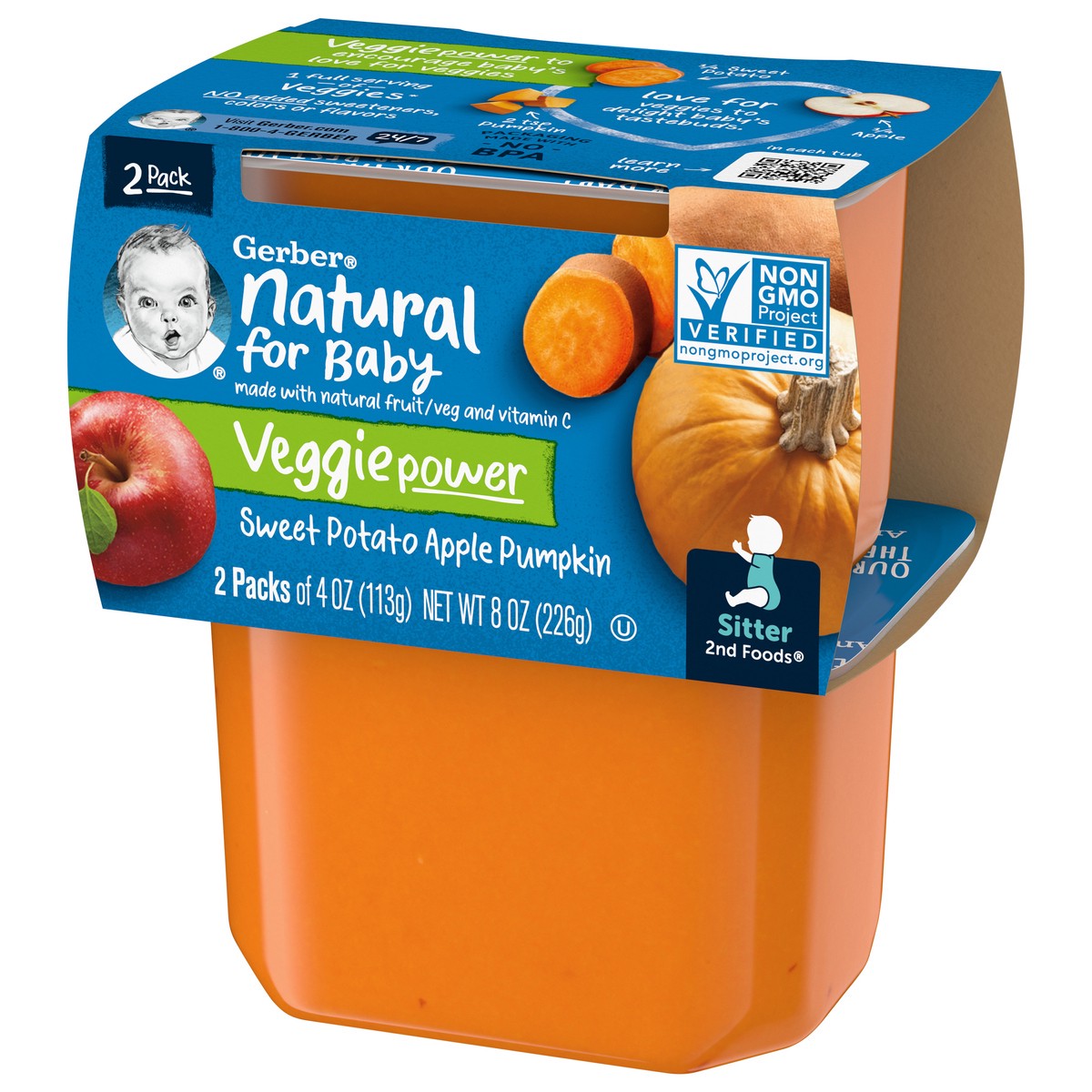 slide 3 of 9, Gerber Stage 2 Baby Food, Sweet Potato Apple Pumpkin, 4 oz Tubs (2 Pack), 8 oz