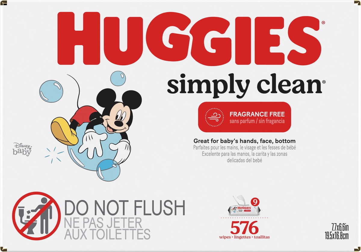 slide 7 of 10, Huggies Simply Clean Unscented Baby Wipes, 9 Flip-Top Packs (576 Wipes Total), 9 ct