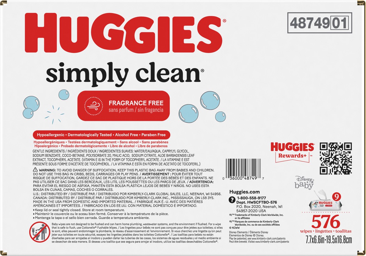 slide 2 of 10, Huggies Simply Clean Unscented Baby Wipes, 9 Flip-Top Packs (576 Wipes Total), 9 ct