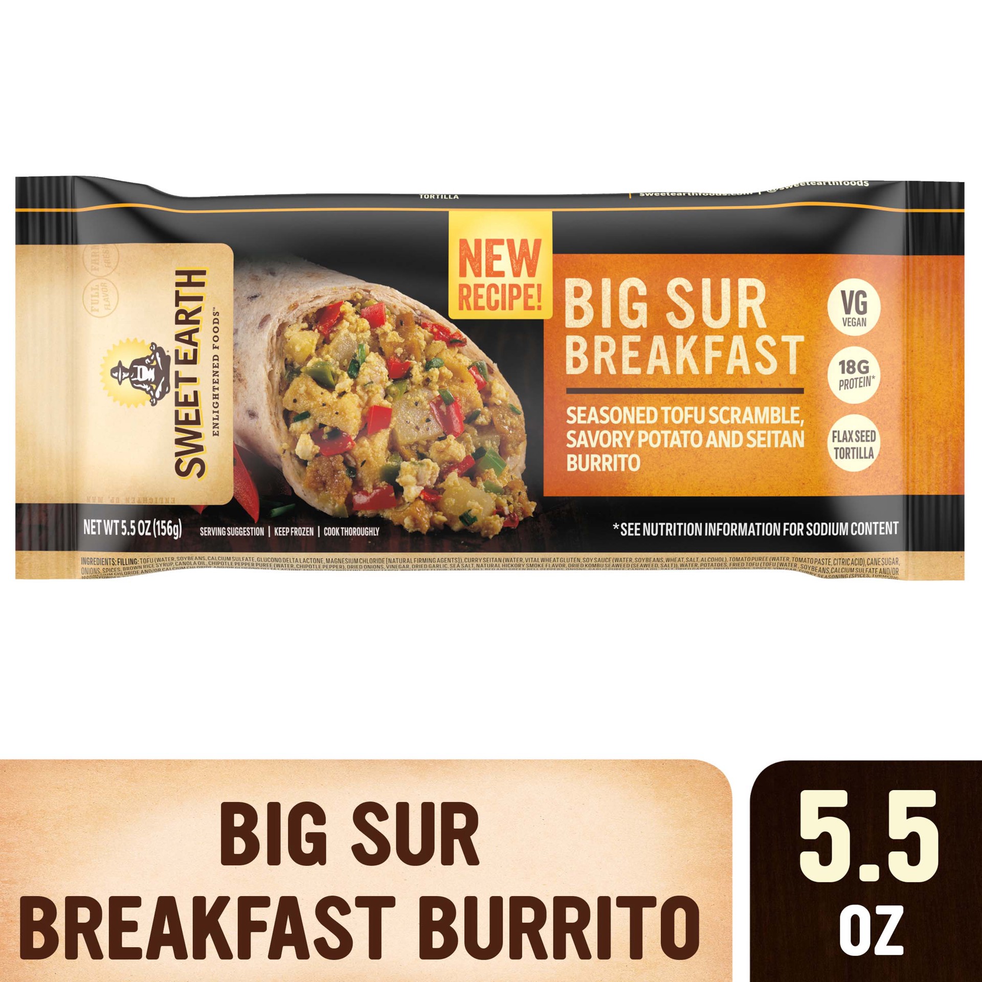 slide 1 of 9, Sweet Earth Big Sur Breakfast Burrito, Vegan Frozen Burrito, 7 oz