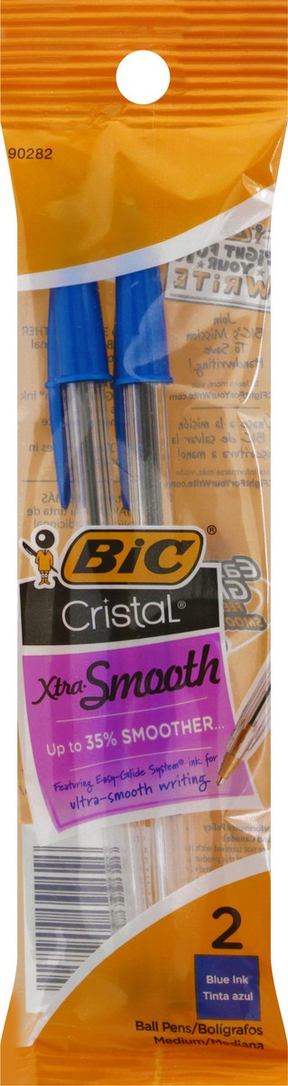 slide 1 of 1, BIC Cristal Blue Ink Xtra Smooth Medium Ball Pens 2 ea, 2 ct