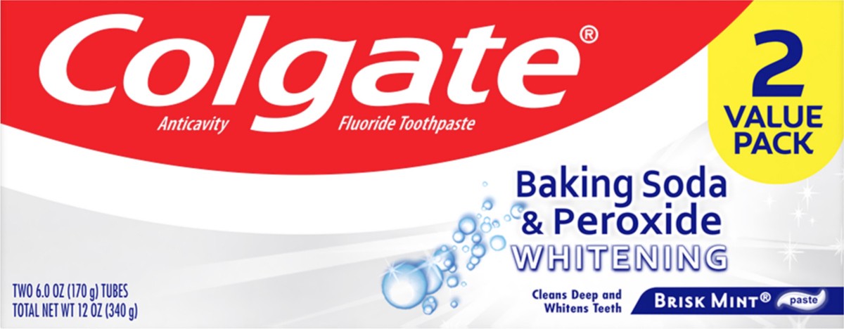 slide 4 of 7, Colgate Baking Soda and Peroxide Whitening Toothpaste, Brisk Mint - 6 Ounce (2 Pack), 6 oz