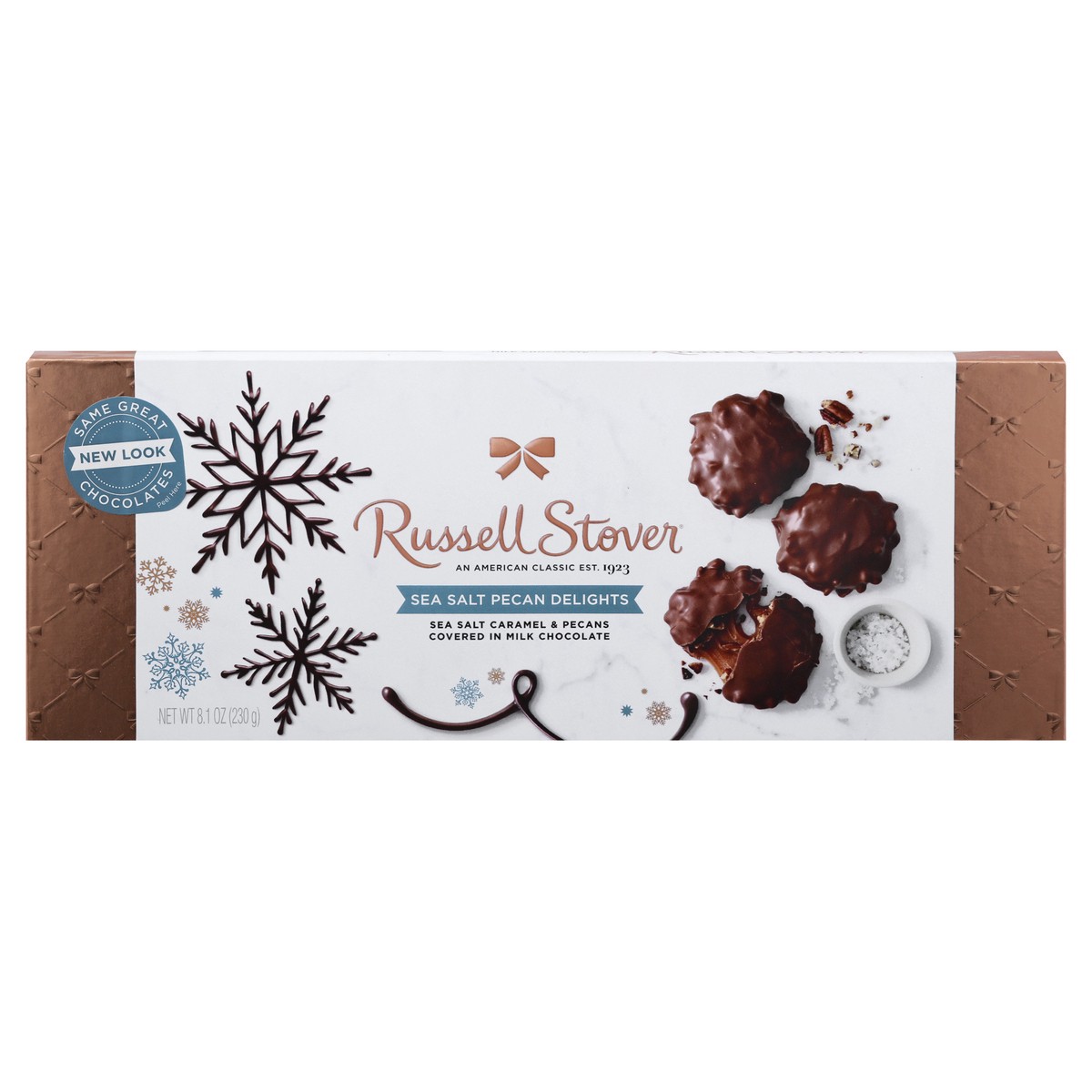 slide 1 of 10, Russell Stover Milk Choc Sea Salt Pecan Delights Hldy Bowline Box, 8.1 oz