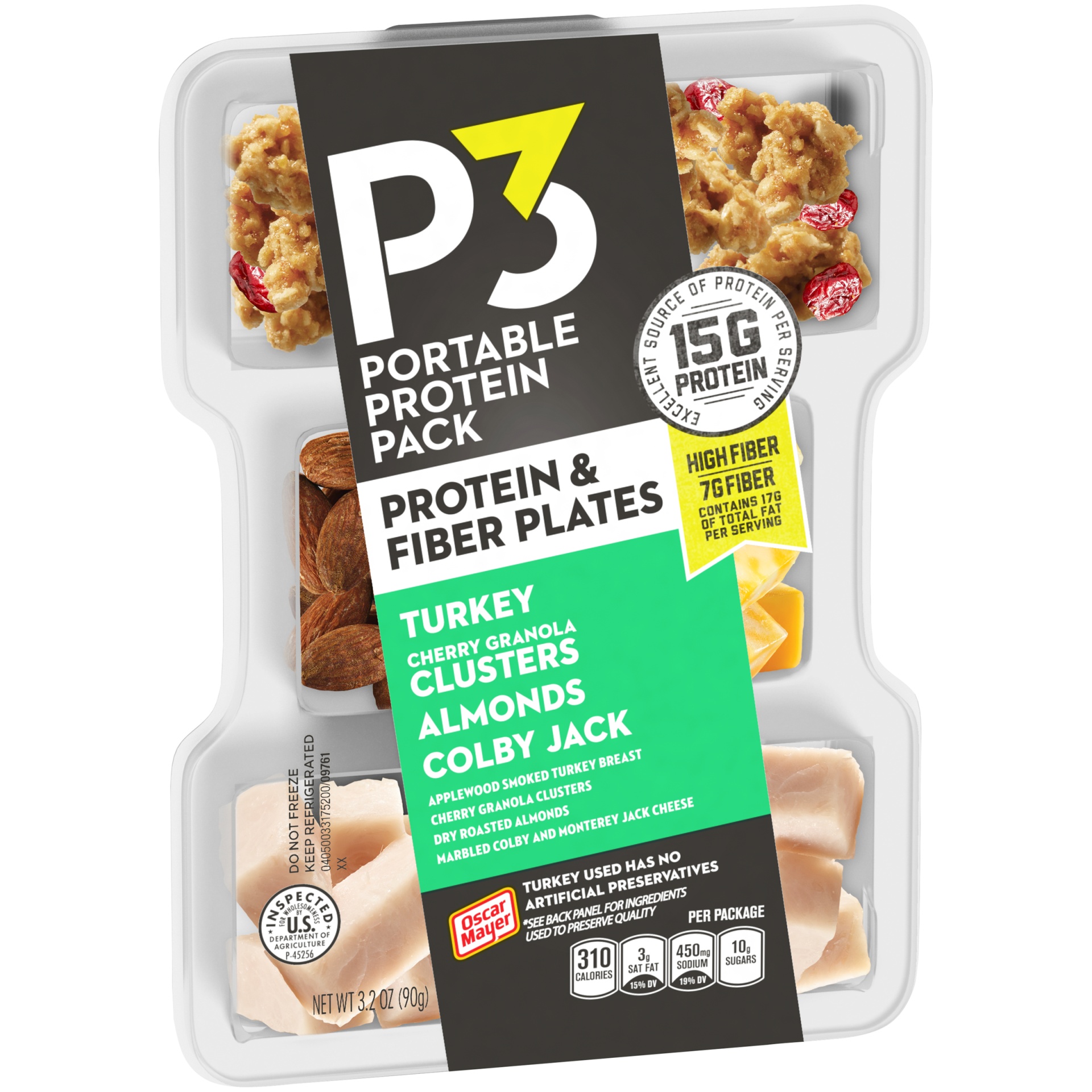 slide 2 of 6, P3 Portable Protein Snack Pack & Fiber Plate with Turkey, Cherry Granola Clusters, Almonds & Colby Jack Cheese Tray, 3.2 oz