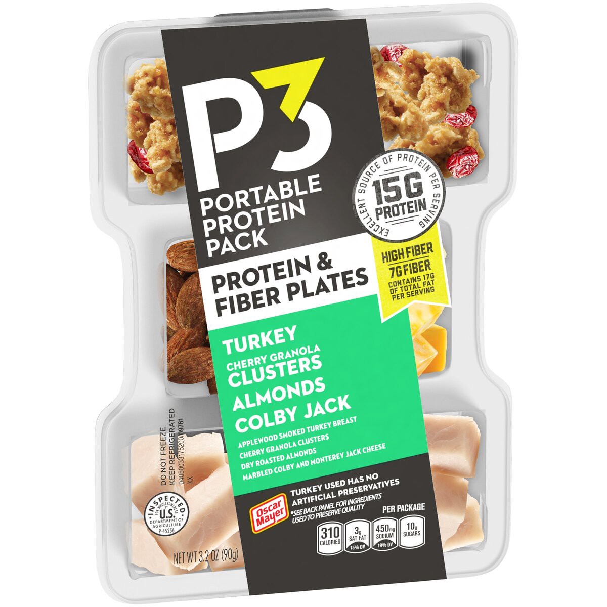 slide 2 of 8, P3 Portable Protein Snack Pack & Fiber Plate with Turkey, Cherry Granola Clusters, Almonds & Colby Jack Cheese Tray, 3.2 oz