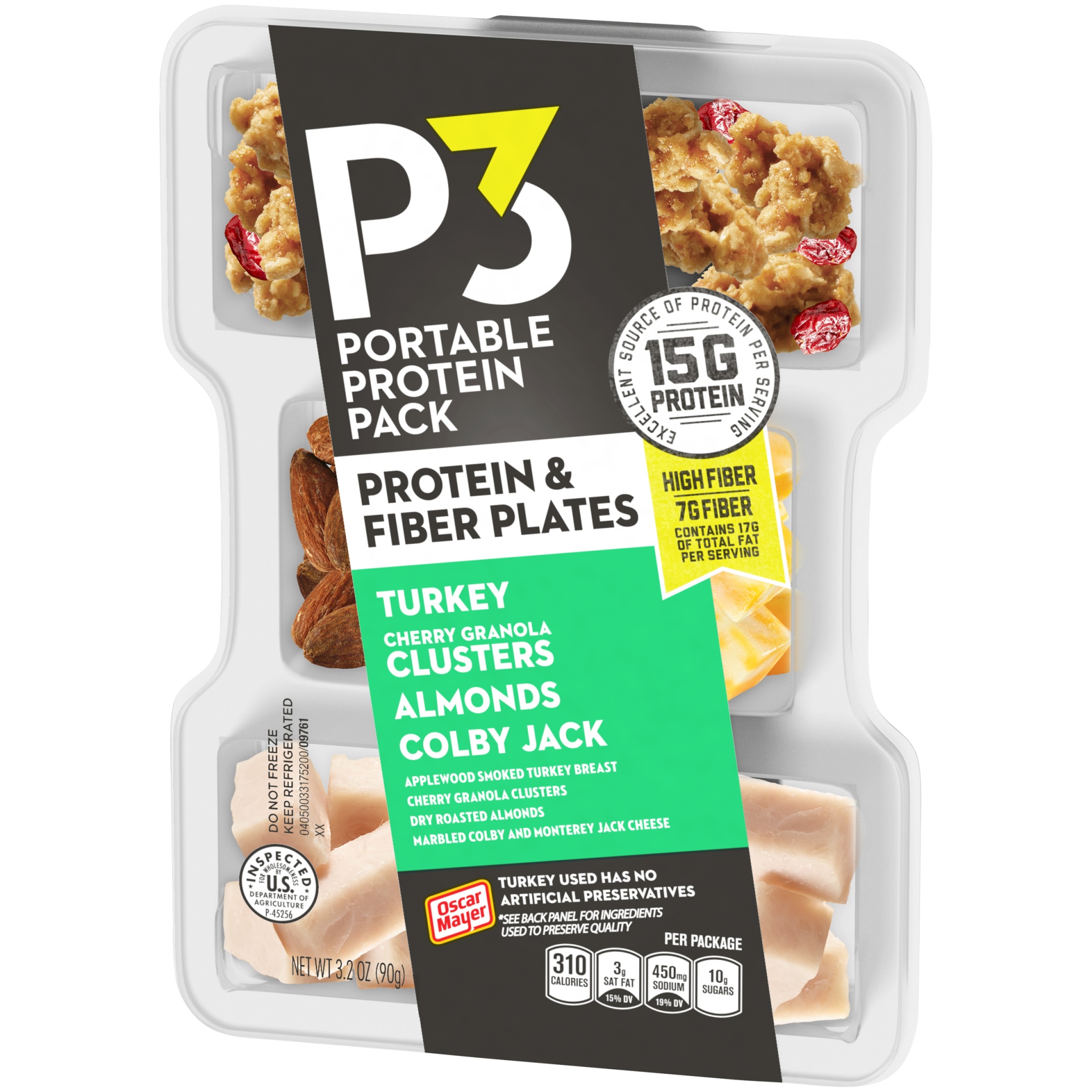 slide 3 of 6, P3 Portable Protein Snack Pack & Fiber Plate with Turkey, Cherry Granola Clusters, Almonds & Colby Jack Cheese Tray, 3.2 oz