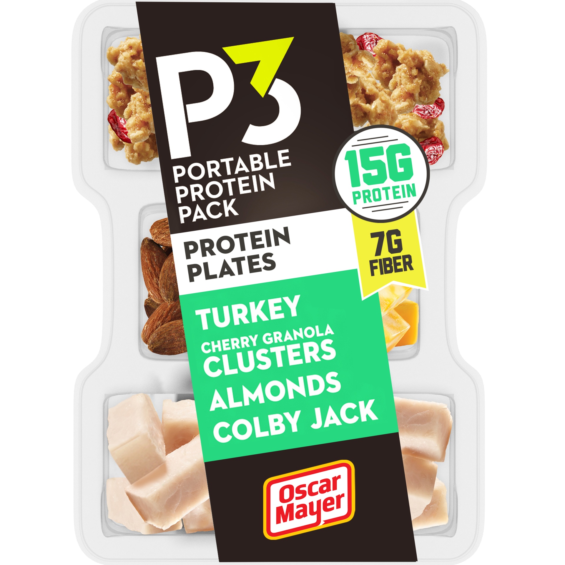 slide 1 of 6, P3 Portable Protein Snack Pack & Fiber Plate with Turkey, Cherry Granola Clusters, Almonds & Colby Jack Cheese Tray, 3.2 oz