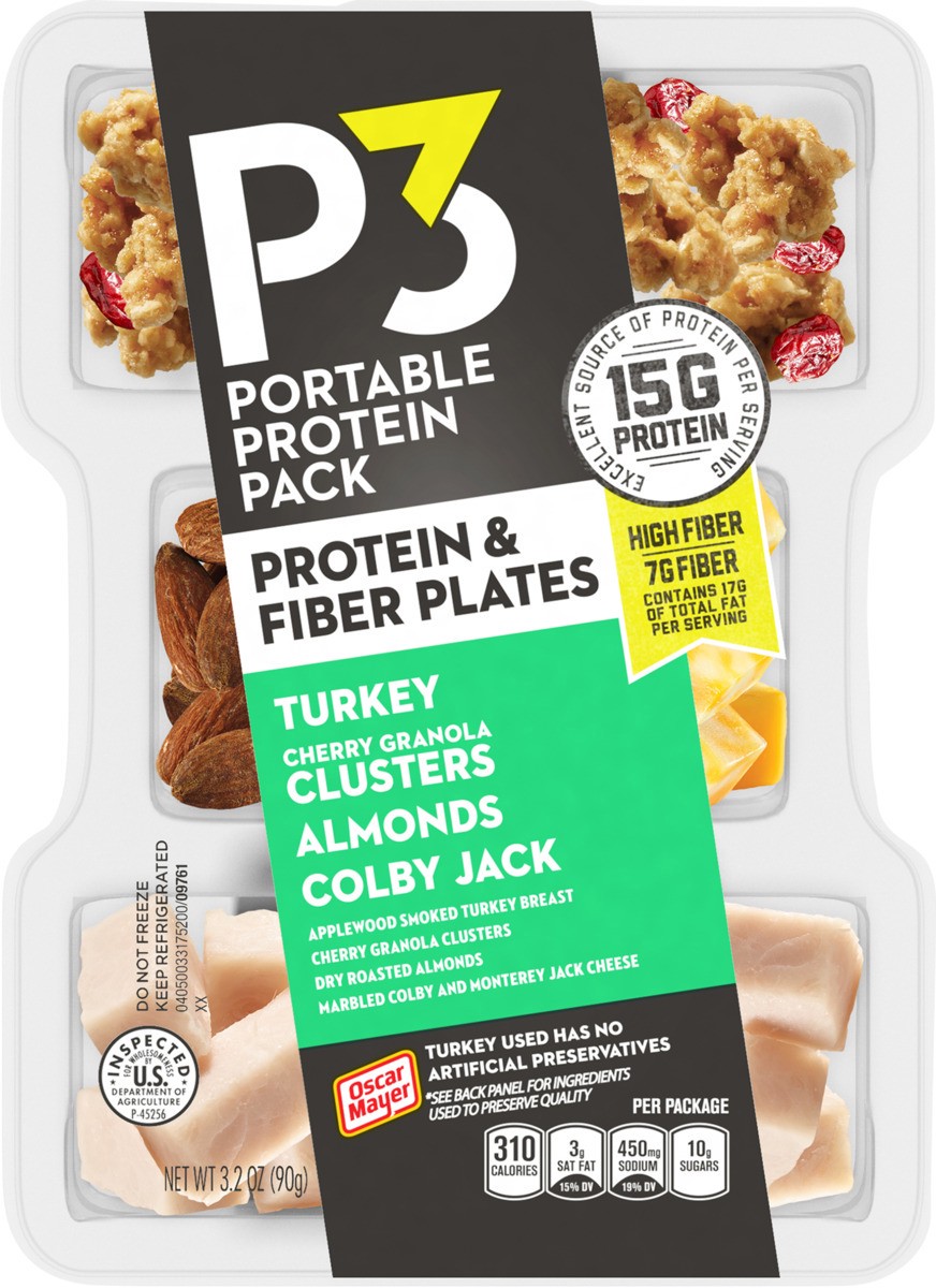 slide 7 of 8, P3 Portable Protein Snack Pack & Fiber Plate with Turkey, Cherry Granola Clusters, Almonds & Colby Jack Cheese Tray, 3.2 oz