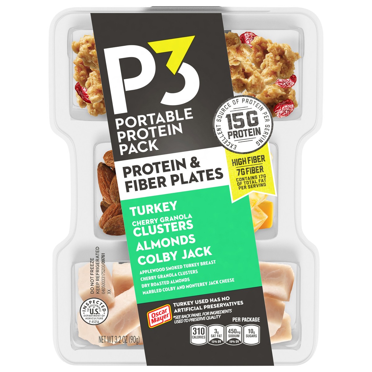 slide 1 of 8, P3 Portable Protein Snack Pack & Fiber Plate with Turkey, Cherry Granola Clusters, Almonds & Colby Jack Cheese, 3.2 oz Tray, 3.2 oz