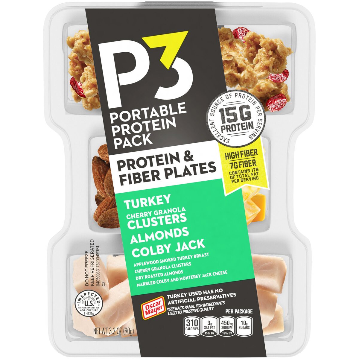 slide 1 of 8, P3 Portable Protein Snack Pack & Fiber Plate with Turkey, Cherry Granola Clusters, Almonds & Colby Jack Cheese Tray, 3.2 oz