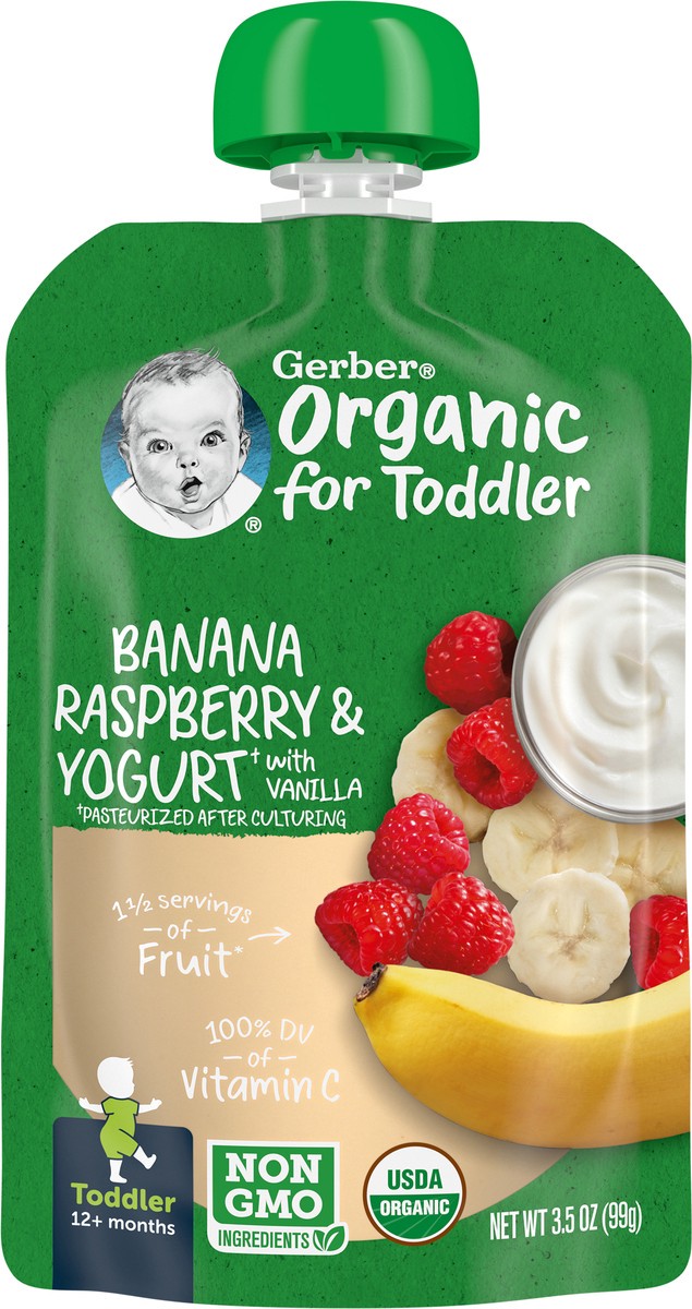 slide 3 of 9, Gerber Organic for Toddler, Yogurt Toddler Food, Banana Raspberry Vanilla, 3.5 oz Pouch, 3.5 oz