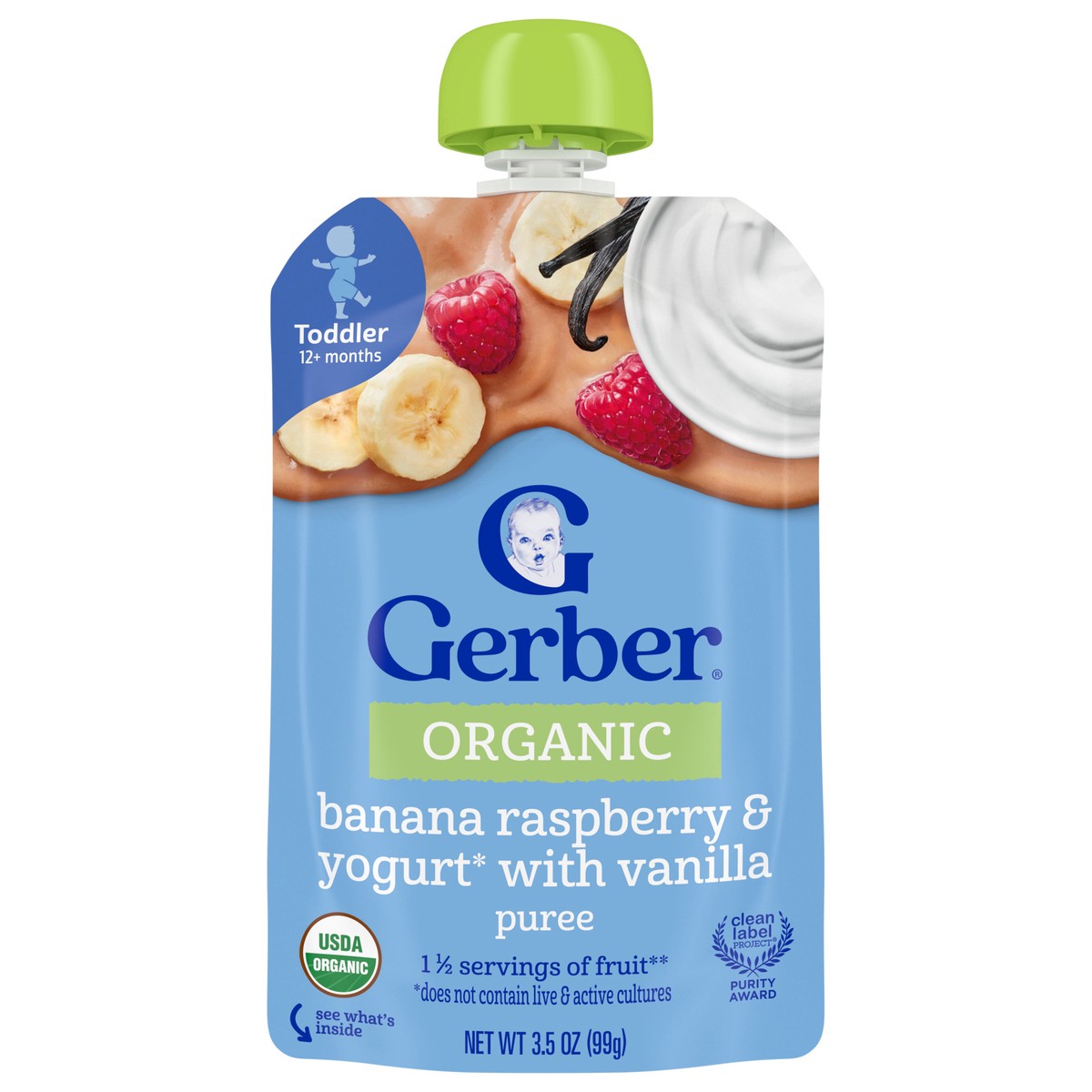 slide 1 of 9, Gerber Toddler Food, Organic Banana Raspberry Yogurt with Vanilla Puree Pouch, 3.50 oz