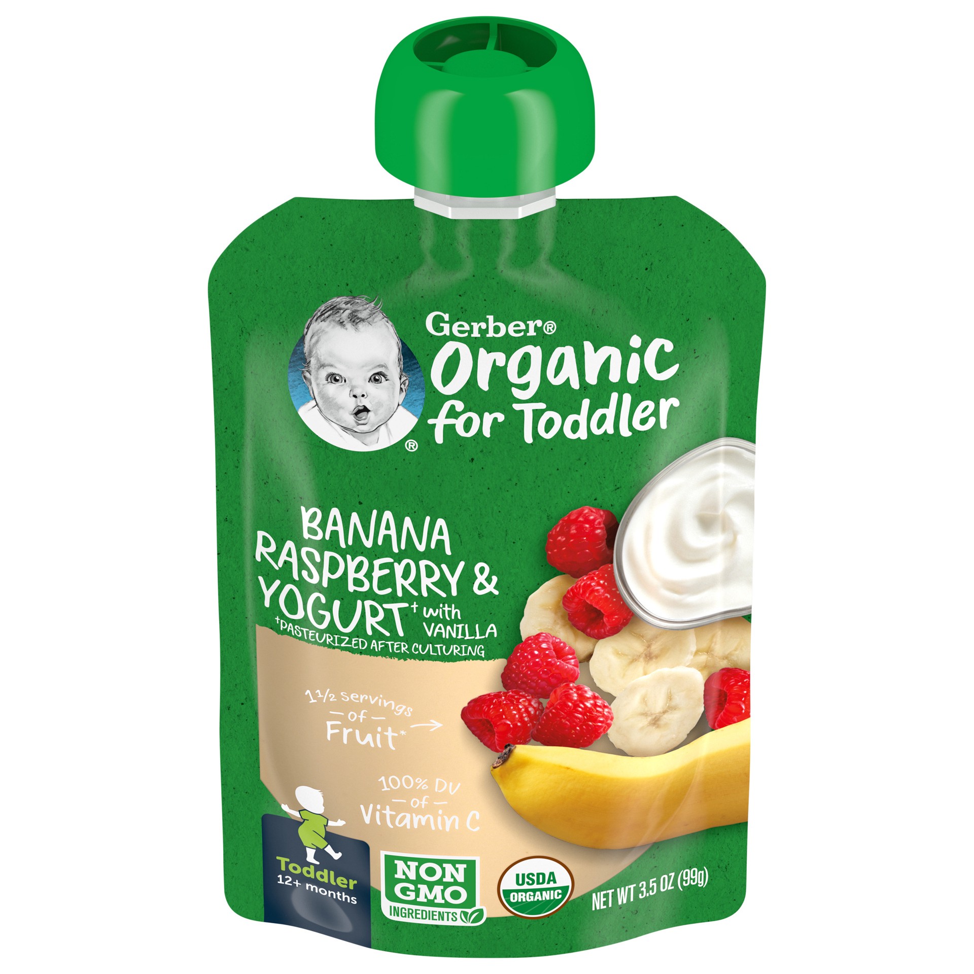 slide 1 of 9, Gerber Organic for Toddler, Yogurt Toddler Food, Banana Raspberry Vanilla, 3.5 oz Pouch, 3.5 oz