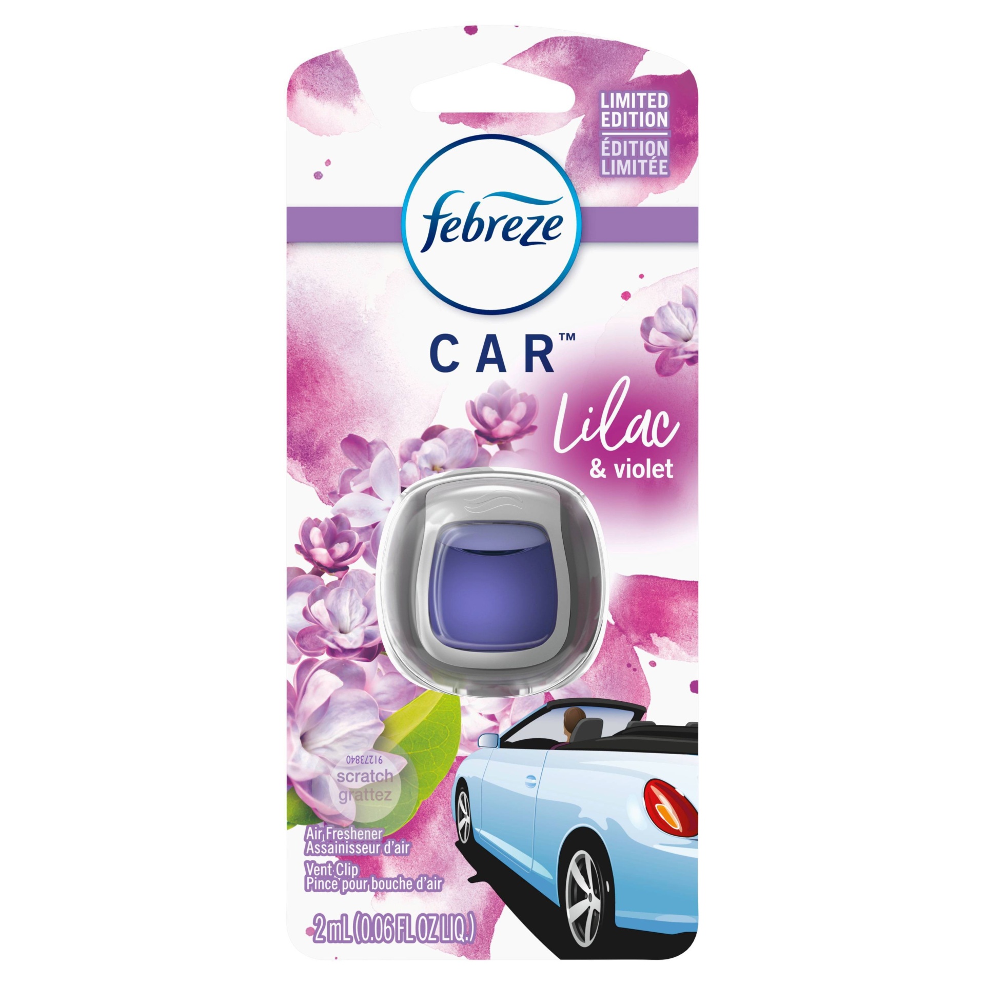 slide 1 of 1, Febreze Car Odor-Eliminating Air Freshener Vent Clip - Lilac & Violet, 0.06 oz