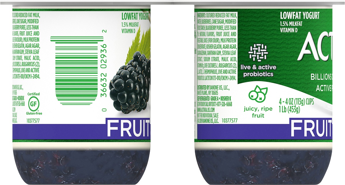 slide 5 of 8, Dannon Activia Fruit On The Bottom Blueberry/Blackberry Lowfat Probiotic Yogurt, 4 ct; 4 oz