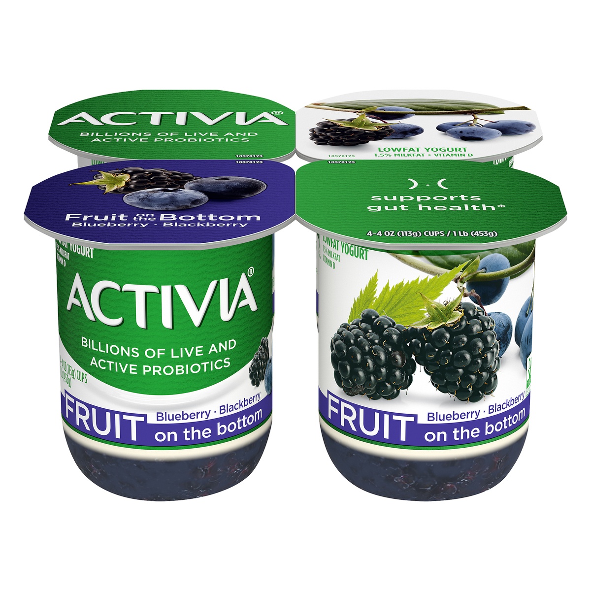 slide 1 of 8, Dannon Activia Fruit On The Bottom Blueberry/Blackberry Lowfat Probiotic Yogurt, 4 ct; 4 oz