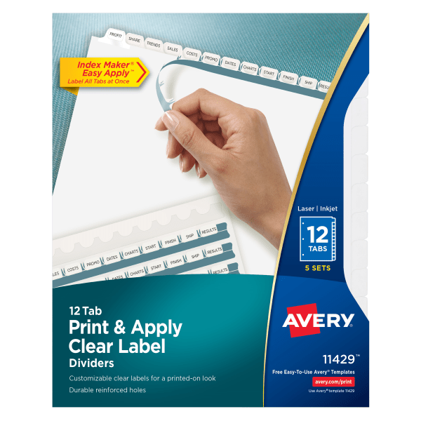 slide 1 of 7, Avery 12-Tab Print & Apply Clear Label Dividers, 5 ct